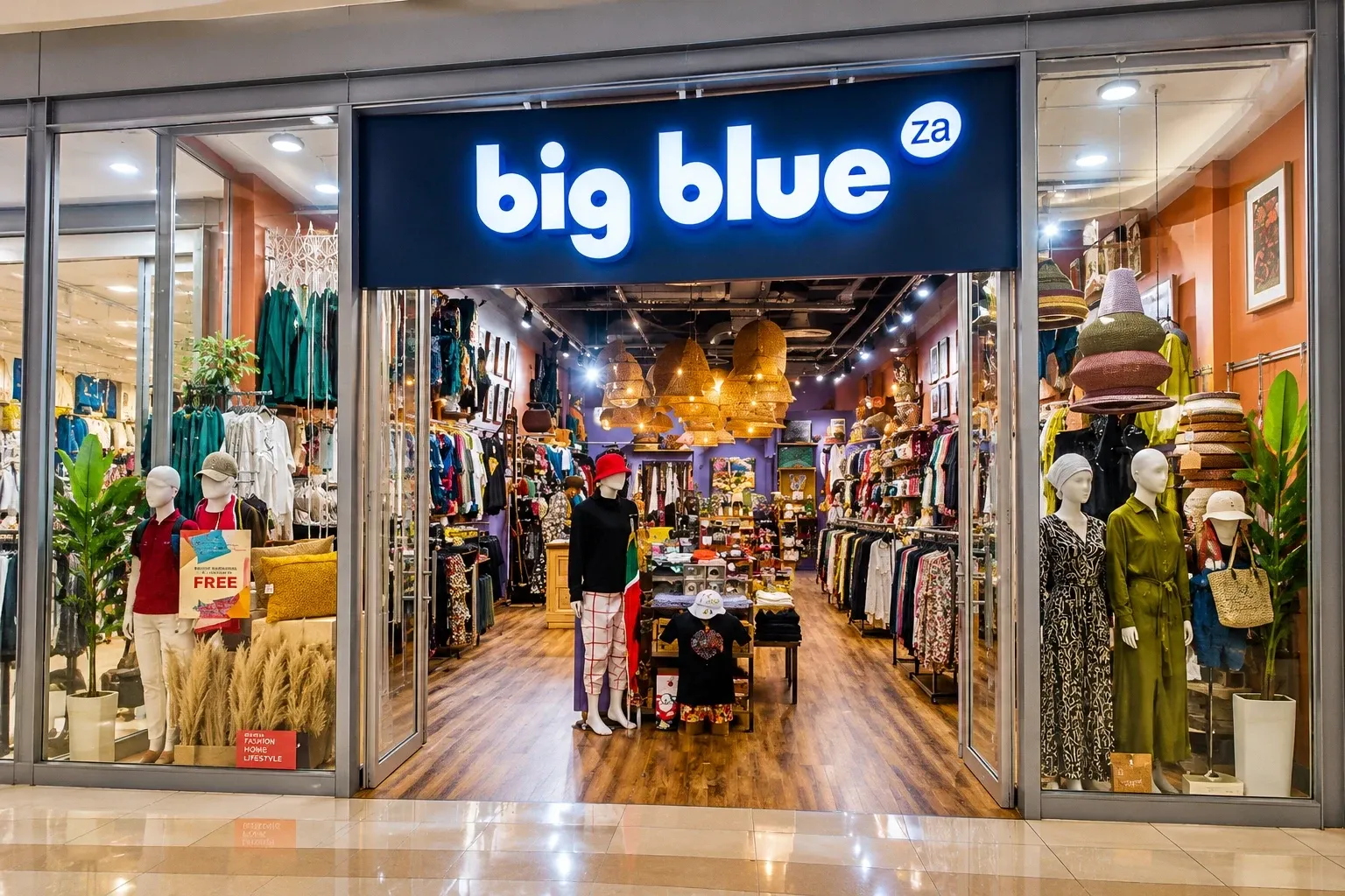 The Big Blue store front in a shopping centre, with clothing, hats and homeware on display