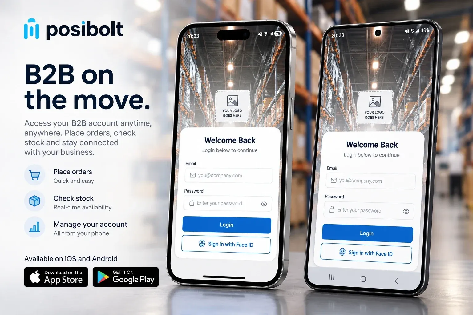 Two phones showing the BoltB2B app sign-in screen, next to the headline B2B on the move