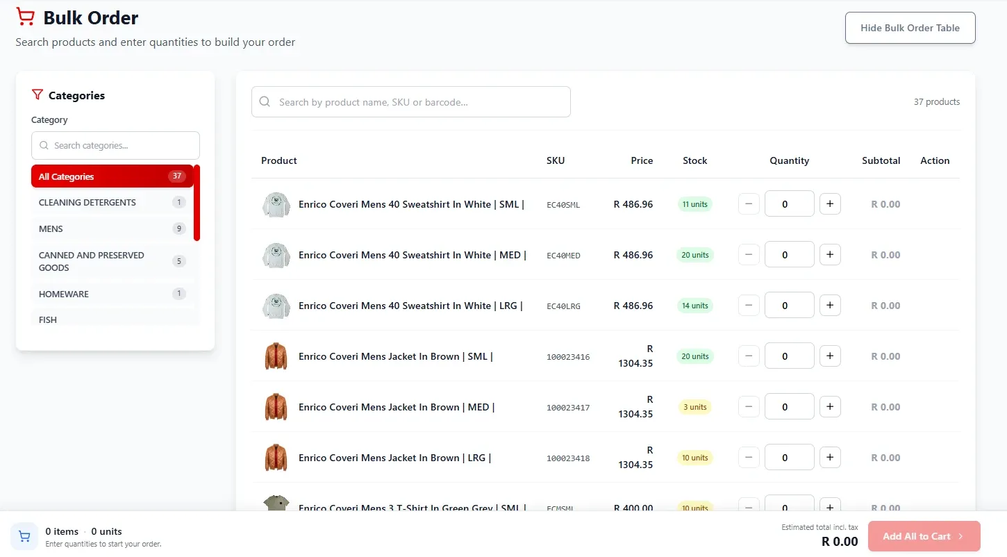 BoltB2B Bulk Order screen: category filters, a product table with SKU, price, stock and quantity controls, and an order total with Add all to cart