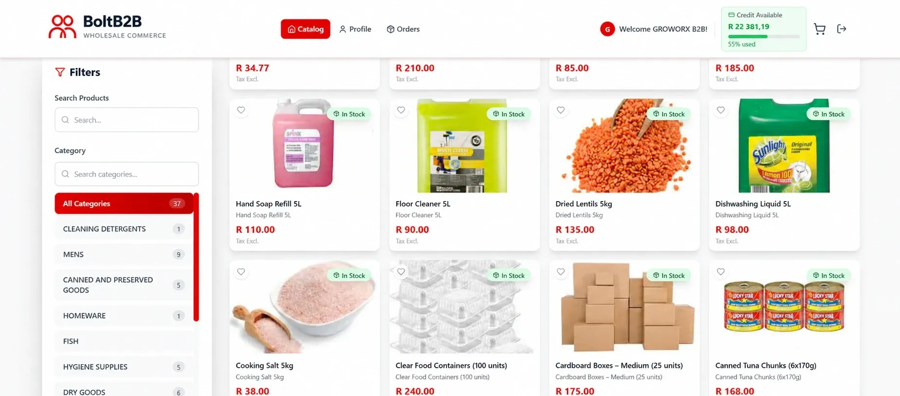 BoltB2B trade catalogue: category filters on the left and products such as hand soap, floor cleaner and dried lentils with prices excluding tax and in-stock badges