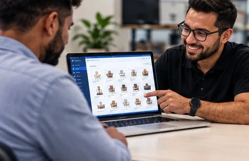 Two people browse a trade product catalogue of chairs on a laptop