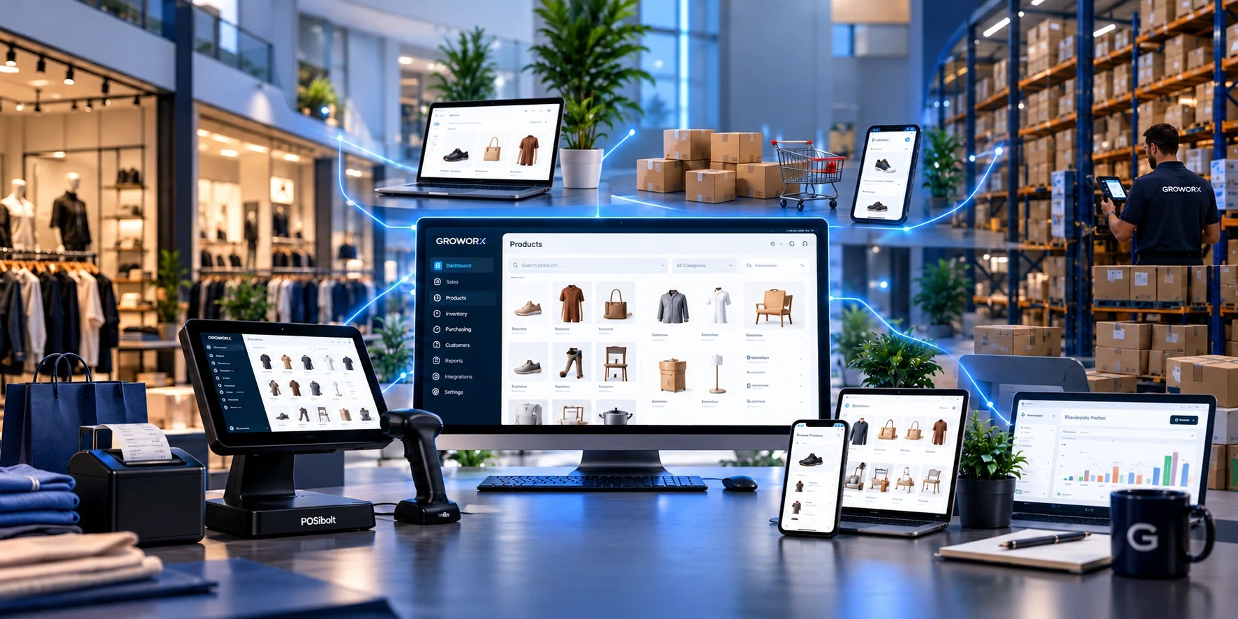 A POSibolt till, barcode scanner, desktop, laptops and phones running Groworx software, linked to a clothing shop on one side and a warehouse on the other