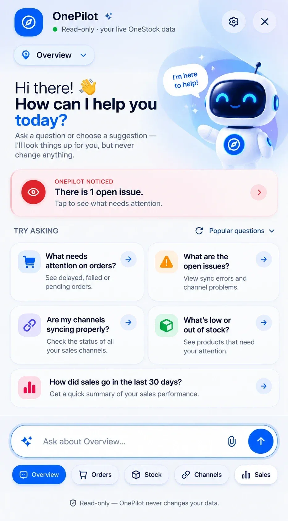 OnePilot assistant screen with suggested questions about orders, open issues, channel syncing, low stock and sales, marked read-only