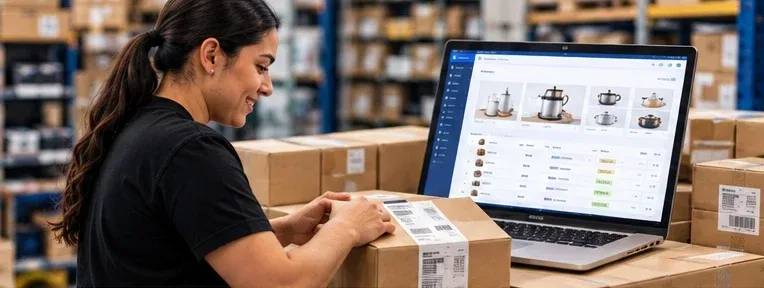 Someone seals an online order parcel next to a laptop showing a list of products ready to ship
