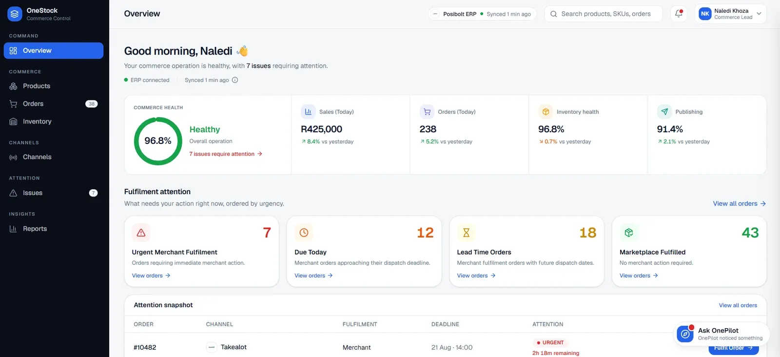 OneStock dashboard showing product, sync and marketplace connection status