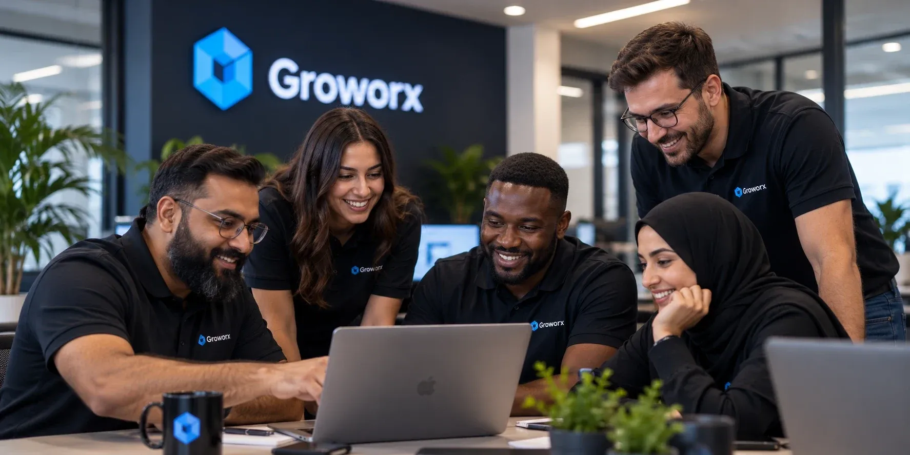 Groworx team members working together around a laptop in the office