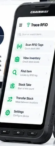 A Chainway rugged handheld RFID reader running the Trace RFID app, with Scan RFID tags, View inventory, Find item and Stock take options