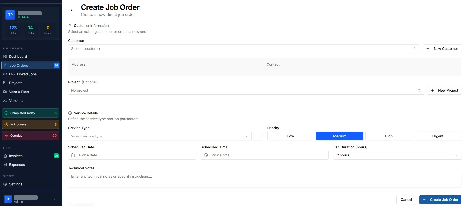 Volt FSM Create Job Order screen: customer and project selection, service type, priority from low to urgent, scheduled date and time, estimated duration and technical notes