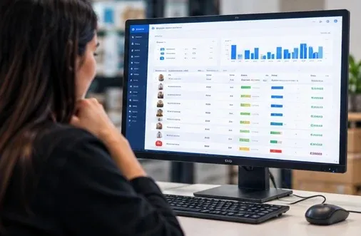 Someone at a desk reviews a list of service jobs and a chart on a large monitor