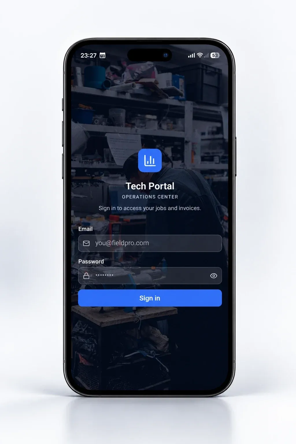 Phone showing the Volt FSM Tech Portal sign-in screen: sign in to access your jobs and invoices