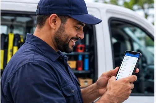 A technician standing by a service van checks a list of jobs on a phone