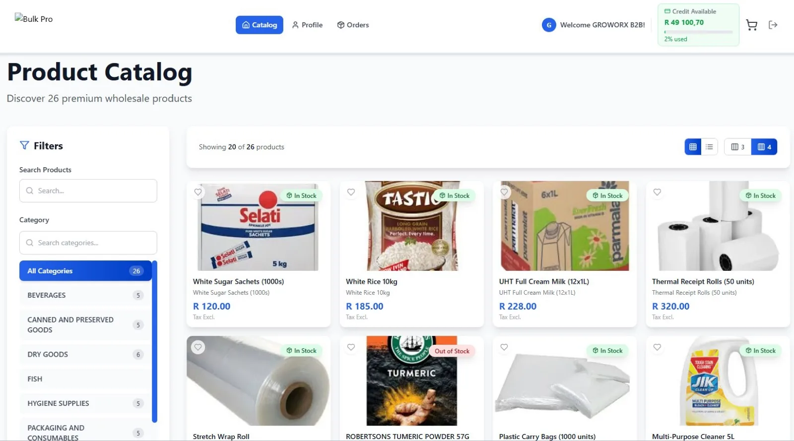 BoltB2B branded wholesale trade portal with product catalogue and credit balance