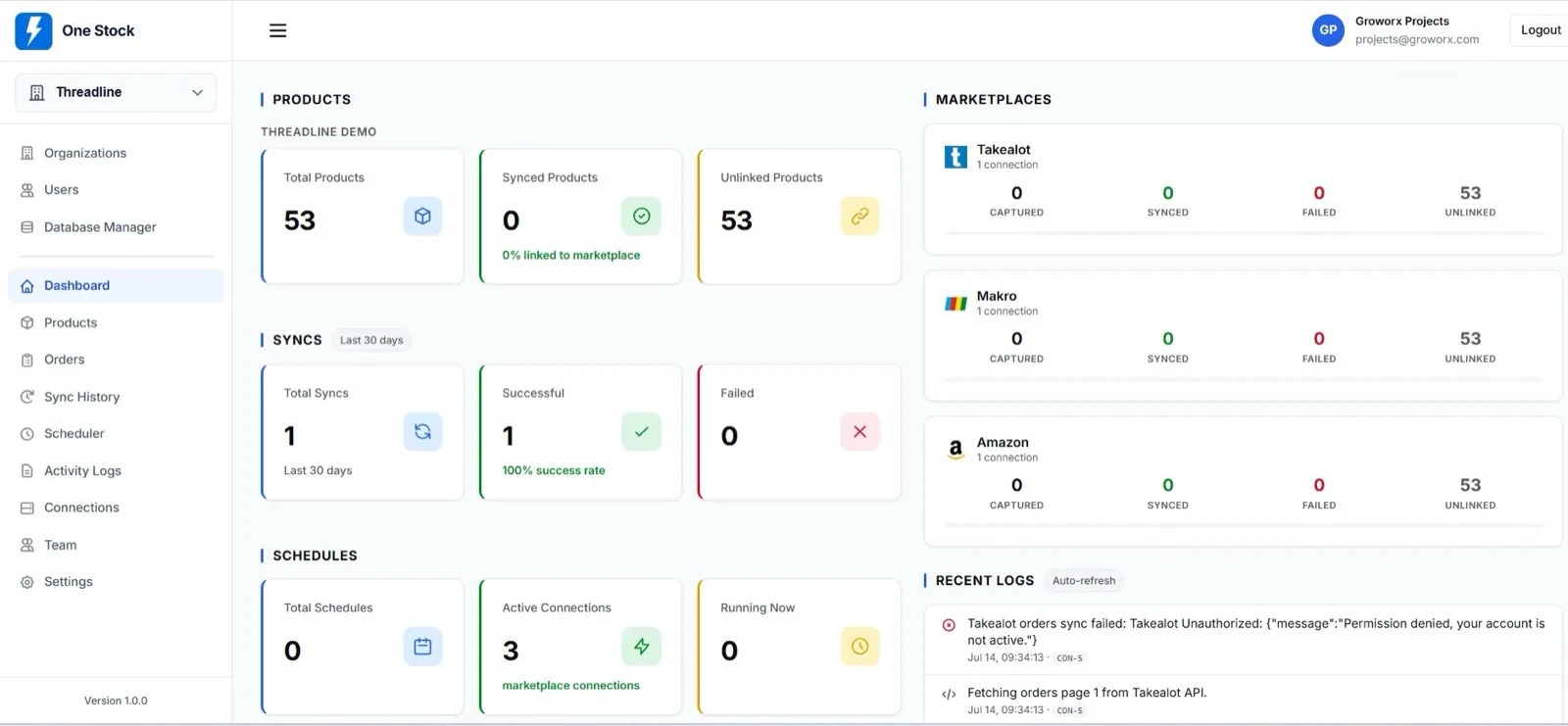 OneStock control-tower dashboard showing marketplace syncs across Takealot, Makro and Amazon